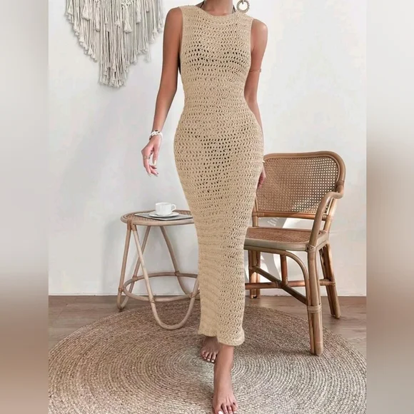 NEW Chic Crochet Knit Bodycon Maxi Swim Cover Up Dress Khaki Tan Beige